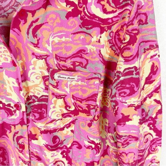 Guess Pink Floral Vintage 70s Button Down Blouse Long Sleeve Disco XL - Picture 2 of 9